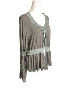 POL Brand Olive Green Mineral Wash Cardigan with Lace Trim Size Large
